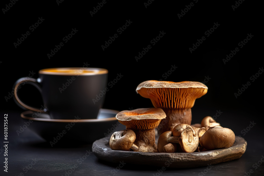 A plate of mushrooms and a cup of coffee. generative AI mushroom coffee A plate of mushrooms and a cup of coffee. generative AI mushroom coffee