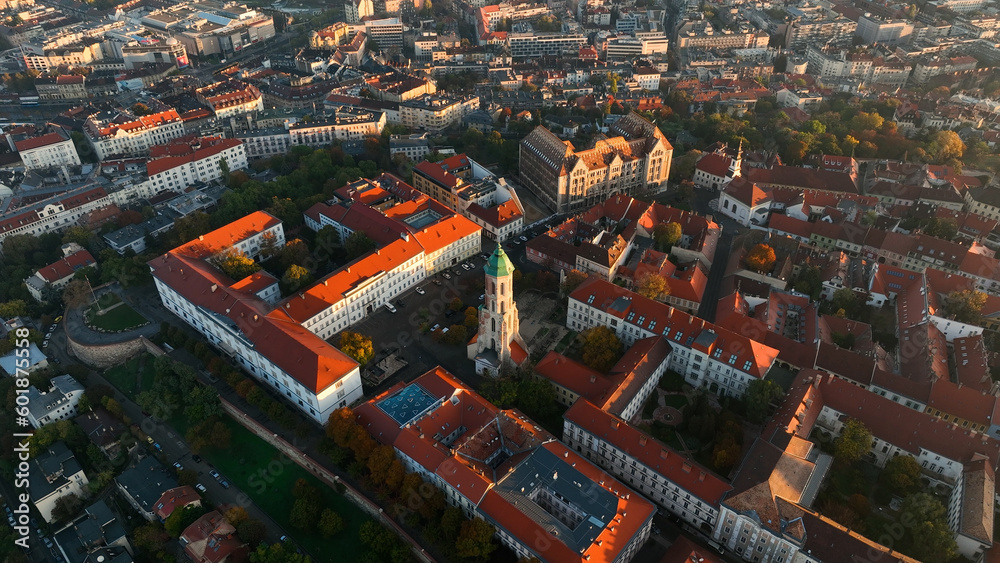 Obraz premium Aerial view of Budapest city skyline. Church of Mary Magdalene of Buda, one of the oldest churches of the Varkerulet District, Buda Castle District