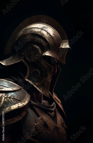 Roman legionary. Spartan warrior in armor isolated on black. Portrait of a warrior in the armor of a roman legionnaire isolated on a black background created with Generative AI photo