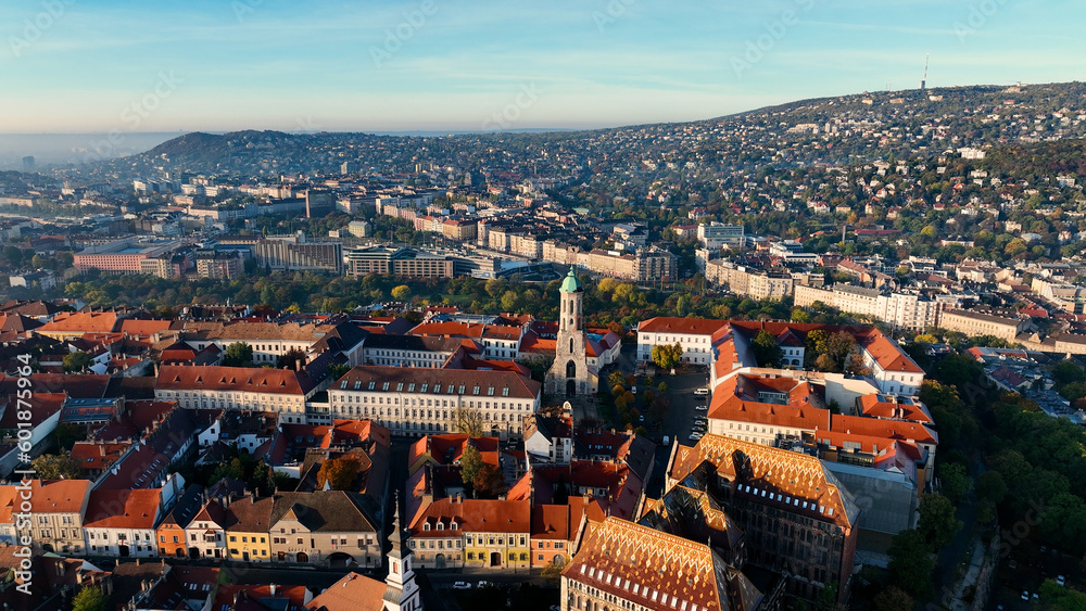 Aerial view of Budapest city skyline. Church of Mary Magdalene of Buda, one of the oldest churches of the Varkerulet District, Buda Castle District Aerial view of Budapest city skyline. Church of Mary Magdalene of Buda, one of the oldest churches of the Varkerulet District, Buda Castle District
