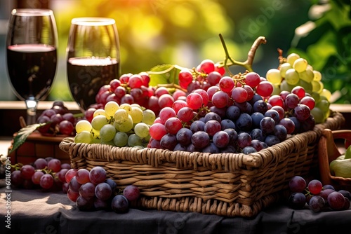 A basket of green and red grapes in front of a wine glass filled with wine (Generative AI, Generativ, KI)