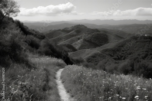 scenic mountain trail captured in black and white photography Generative AI