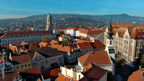 Aerial view of Budapest city skyline. Church of Mary Magdalene of Buda, one of the oldest churches of the Varkerulet District, Buda Castle District