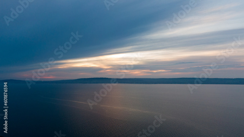 Aerial view on coast of sea at sunset in Helens Bay  Northern Ireland  UK. 