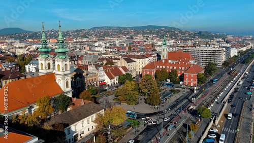 Aerial view of Budapest city skyline, Batthyany Square or Batthyany ter, a town square in Budapest. It is located on the Buda side of the Danube