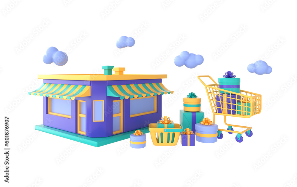 Fototapeta premium Cafe or store building, shopping cart with present box, clouds, shopping bag 3d rendering isolated on white background