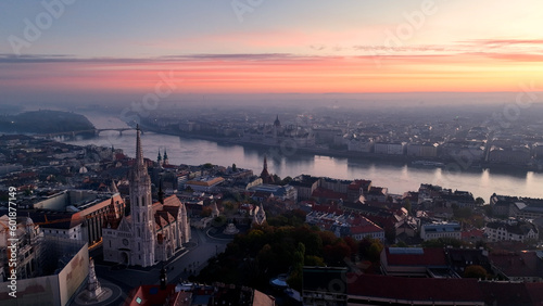 Photography Budapest, Hungary, flying over the famous Fishermans Bastion and Matthias church