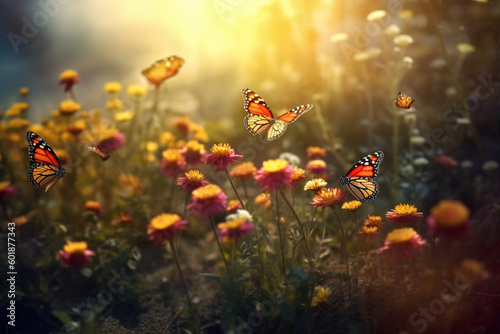 Butterflies resting on a bed of wildflowers made with generative ai