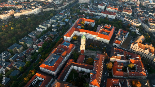 Aerial view of Budapest city skyline. Church of Mary Magdalene of Buda, one of the oldest churches of the Varkerulet District, Buda Castle District
