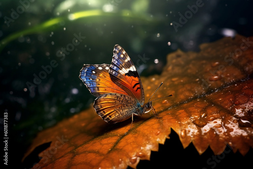 Butterfly perched on a dew-covered leaf, made with generative ai © The Art Wave