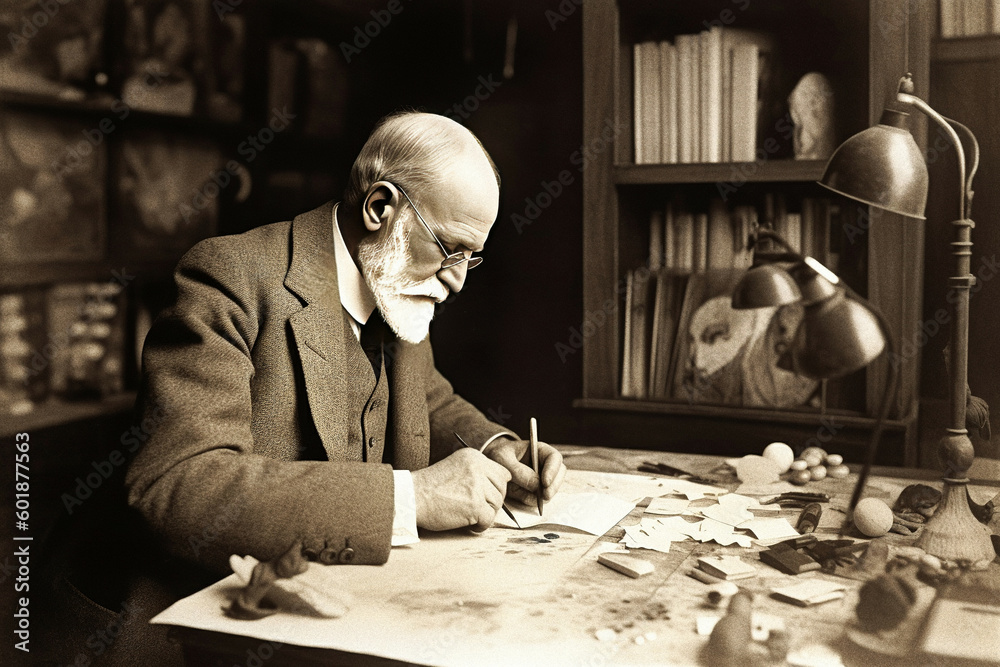 sigmund freud at work in his office - generative AI - obrazy, fototapety, plakaty 
