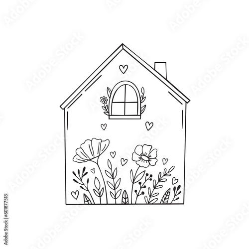 Hand Drawn house with flowers. Modern Flower House Logo Template for florist, photographer, fashion blogger, design studio, and interior design. Branding identity collection. Floral minimal logo.
