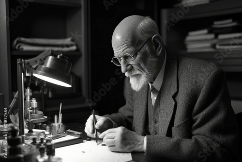 sigmund freud at work in his office - generative AI photo
