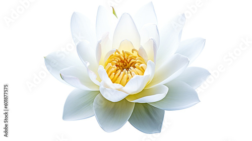 A white flower with a yellow center on a white background. Generative AI.