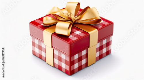 A red gift box with a gold bow. Generative AI. © tilialucida