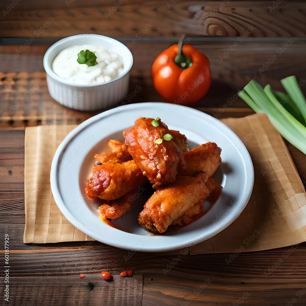 A platter of fried chicken wings that are coated in a spicy A platter of fried chicken wings that are coated in a spicy