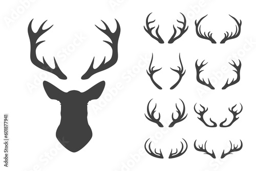 Vector Christmas Reindeer Horns, Antlers. Deer Horn Silhouettes. Hand Drawn Deers Horn, Antler Set. Animal Antler Collection. Design Elements of Deer. Wildlife Hunters, Hipster, Christmas Concept