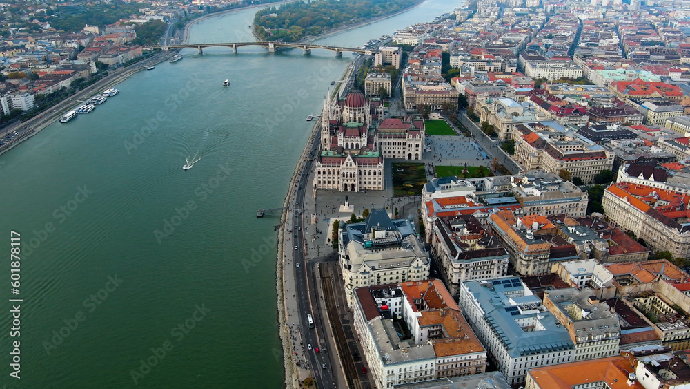 Aerial view of Hungarian Parliament Building in Budapest. Hungary Capital Cityscape at daytime