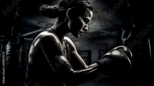 action loaded picture of a woman doing boxing sports, gerenative AI