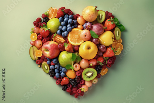 Heart shape created with fresh fruits on pastel isolated background.Healthy life concept.Top view.Created with generative ai