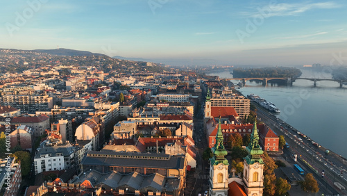 Budapest city sunrise skyline, aerial view. Danube river, Buda side, Hungary