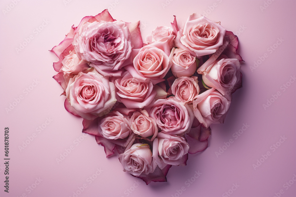 Heart shaped created with pink roses on pastel isolated background.Top view.Copy and text space.Created with generative ai Heart shaped created with pink roses on pastel isolated background.Top view.Copy and text space.Created with generative ai