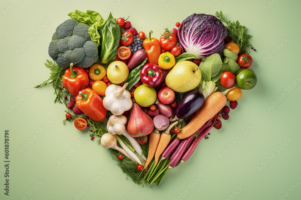 Heart shape created with fresh vegetables on pastel isolated background.Healthy life concept.Top view.Created with generative ai Heart shape created with fresh vegetables on pastel isolated background.Healthy life concept.Top view.Created with generative ai