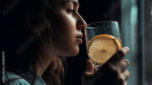 young woman standing depressed with a glass of lemon water at the window, gerenative AI