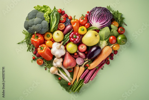 Heart shape created with fresh vegetables on pastel isolated background.Healthy life concept.Top view.Created with generative ai