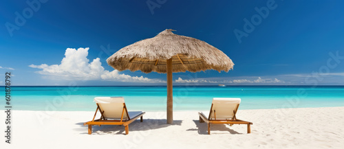 Turquoise sea, deckchairs, white sand and sun umbrella - AI Generated © mbruxelle