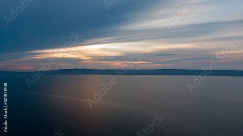 Aerial view on coast of sea at sunset in Helens Bay  Northern Ireland  UK. 