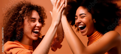 two young women laugh heartily in front of orange background, gerenative AI