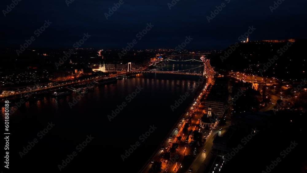 Elisabeth Bridge Illuminated, A Breathtaking Aerial Night Perspective in Budapest, Hungary