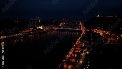 Elisabeth Bridge Illuminated, A Breathtaking Aerial Night Perspective in Budapest, Hungary