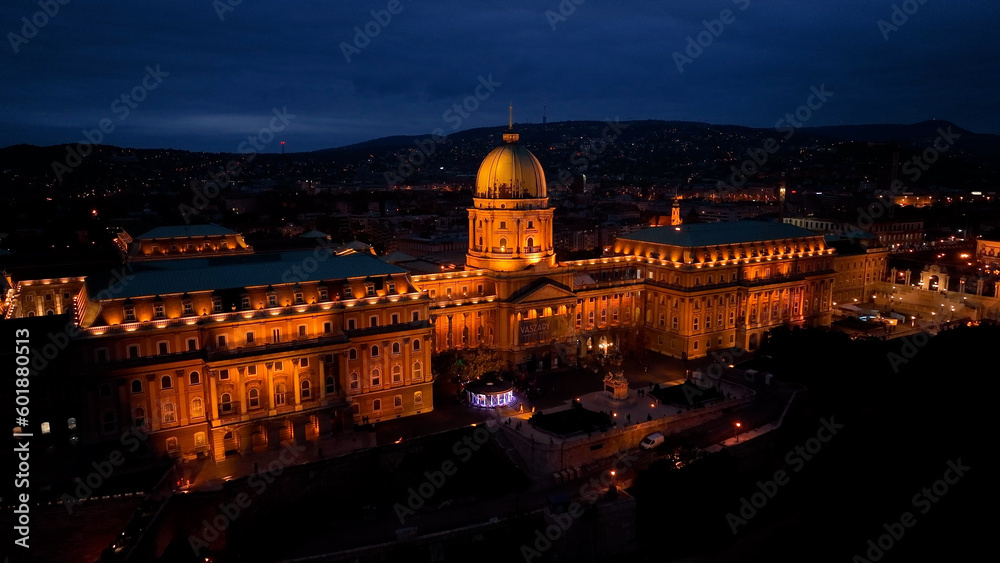 Budapest Buda Castle Royal Palace Illuminated: A Stunning Aerial Night Perspective, Hungary