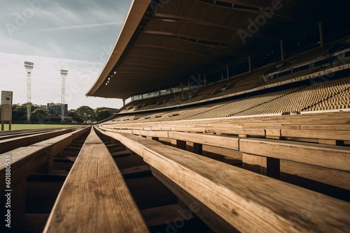 Daytime view of a large cricket stadium with wooden wickets sideways. Generative AI