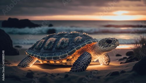 beautiful turtle on a beach at sunset, generative AI