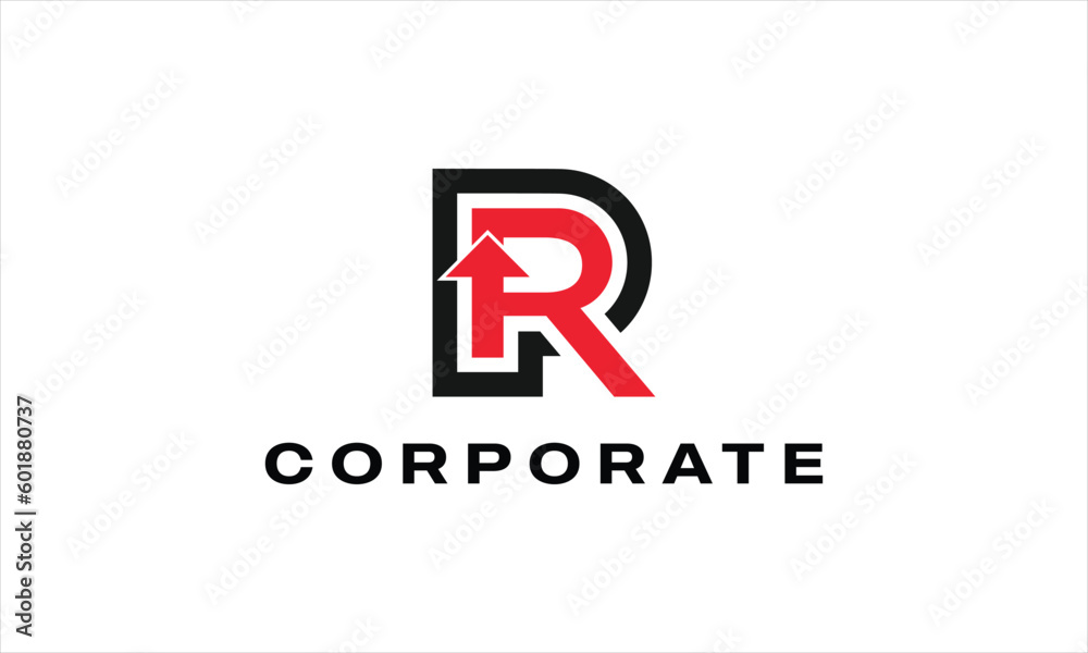 Letter rp or pr logo icon up arrow modern bold strong logo template symbol in black and red color on white background. Letter rp or pr logo icon up arrow modern bold strong logo template symbol in black and red color on white background.