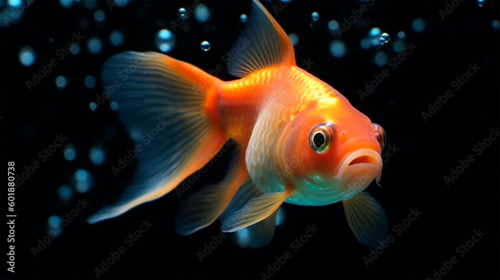 a goldfish in the tank in front of black background, gerenative AI a goldfish in the tank in front of black background, gerenative AI