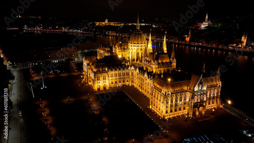 Aerial view of Budapest Hungarian Parliament Building at night. Travel, tourism and European Political Landmark Destination, Hungary