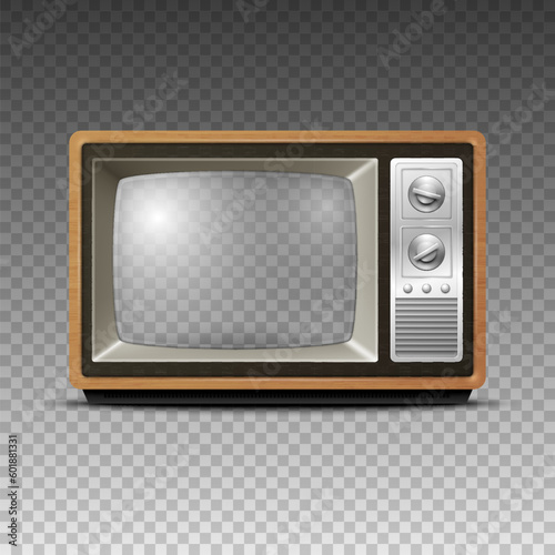 Vector 3d Realistic Retro Wooden TV Receiver Icon with Transparent Screen Closeup Isolated. Home Interior Design Concept. Vintage TV Frame, Television, Front View