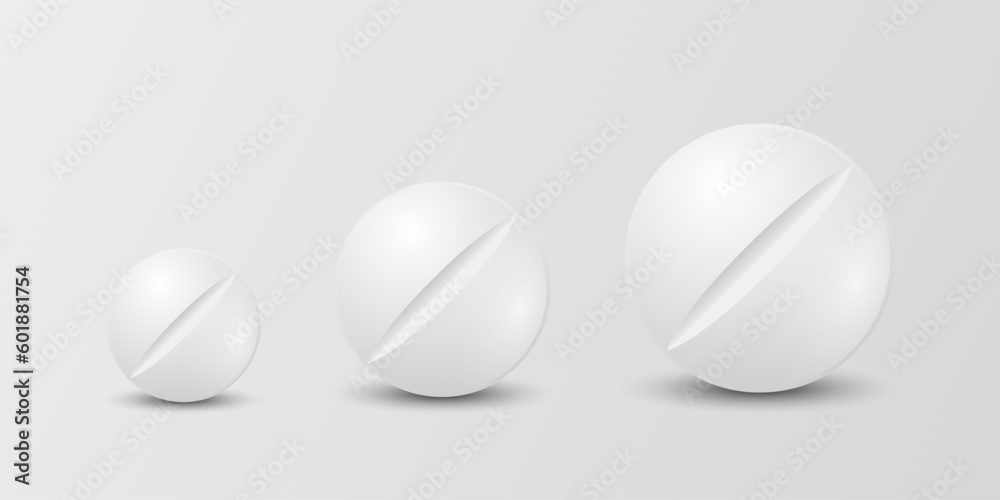 Vector 3d Realistic White Round Pharmaceutical Medical Pill, Capsule, Tablet Icon Set Closeup Isolated on White Background. Different Size Pills, Design Template, Front View. Medicine, Health Concept Vector 3d Realistic White Round Pharmaceutical Medical Pill, Capsule, Tablet Icon Set Closeup Isolated on White Background. Different Size Pills, Design Template, Front View. Medicine, Health Concept