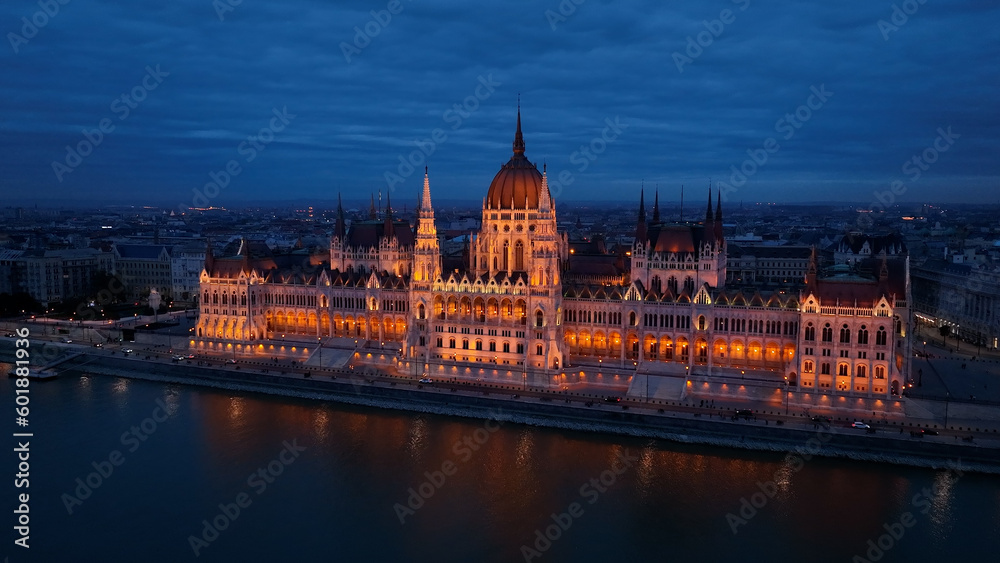 Aerial view of Budapest Hungarian Parliament Building at night. Travel, tourism and European Political Landmark Destination, Hungary