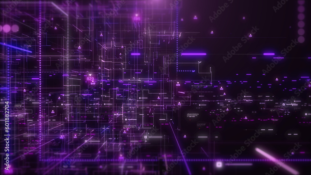 Abstract technology background of digital big data simulation code, speed flicking, running line signal, hud interface system analysis dashboard illustration background.