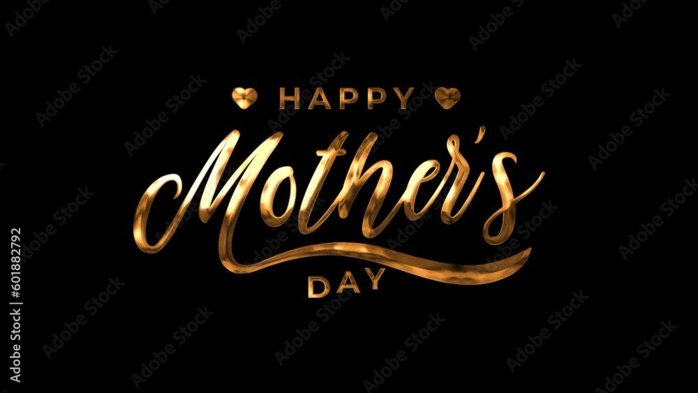 Happy Mother's Day text animation in gold Color with hearts on transparent background. Great for Mother's Day celebration for the Mom in the world. animation mother's day. alpha channel mother's day