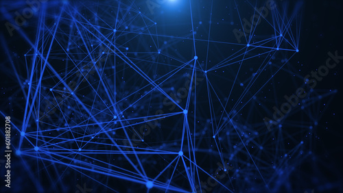 Abstract low polygonal blue cyberspace network connection flowing and moving object from left to right side. Plexus structure with horizontal flickering lens flare illustration background.