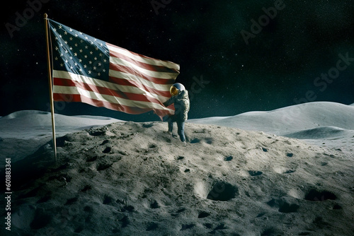 American astronaut conquers the moon. Ai generated. photo