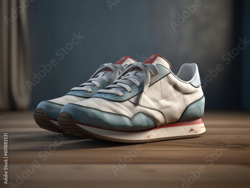 3D Render of Blue and White Vintage Running Shoes Stylish Antique