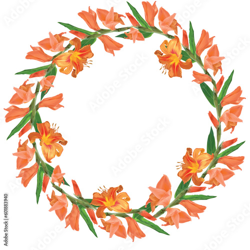 Round wreath of buds of orange lilies and gladiolus 