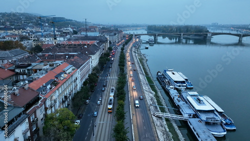 Aerial view of Budapest city skyline, cloudy day, Hungary